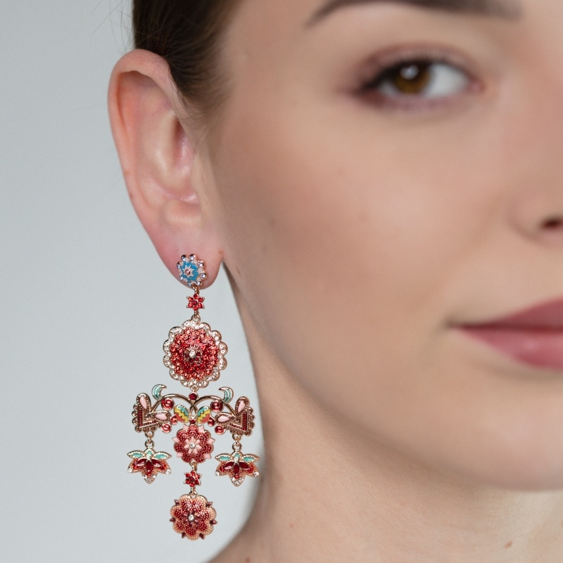 Long dangling earrings red flowers